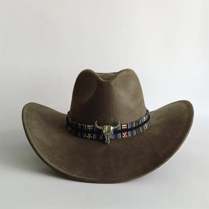 Chapeau de cowboy en daim vert armée, nouveau modèle grande taille, en daim, avec dessus en forme de