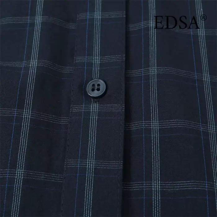 EDSA chemise à carreaux bleu marine pour femmes avec poche carrée pour bureau dame simple boutonnage