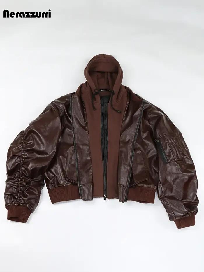 Nerazzurri Blouson en Cuir Chaud et Épais pour Homme, Vêtement Européen Cool, Beau, Respiré, Marron,
