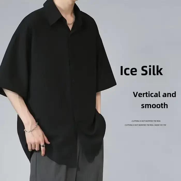 Chemise à manches courtes en soie glacée pour hommes, coupe ample, Style coréen, chemise noire tenda