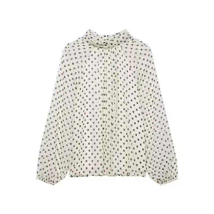 Chemisier élégant à pois pour femme, chemise en mousseline à col superposé et manches lanternes avec