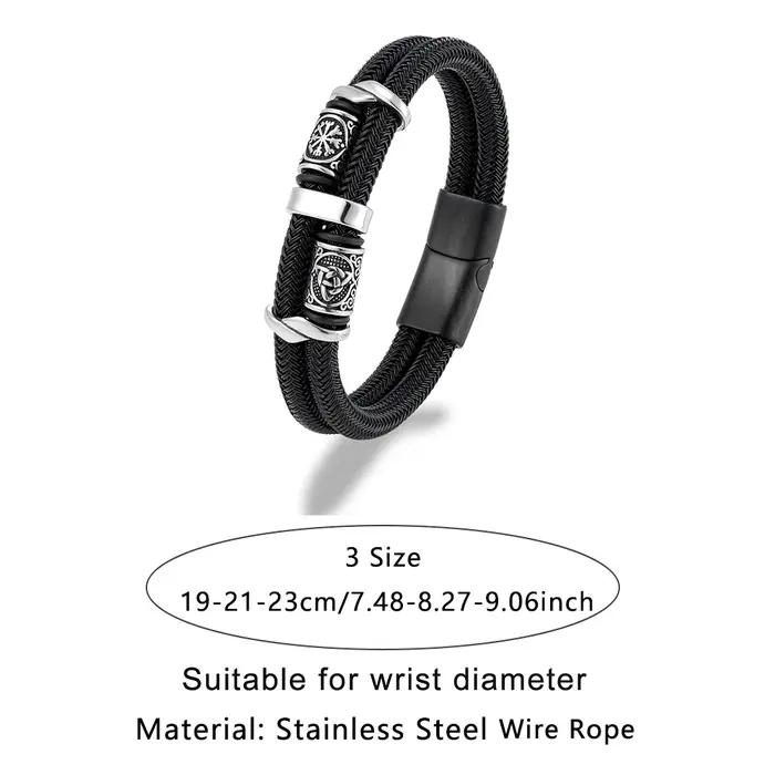 Vikings Runes Double couche Bracelet pour hommes en acier inoxydable câble métallique nordique Triqu