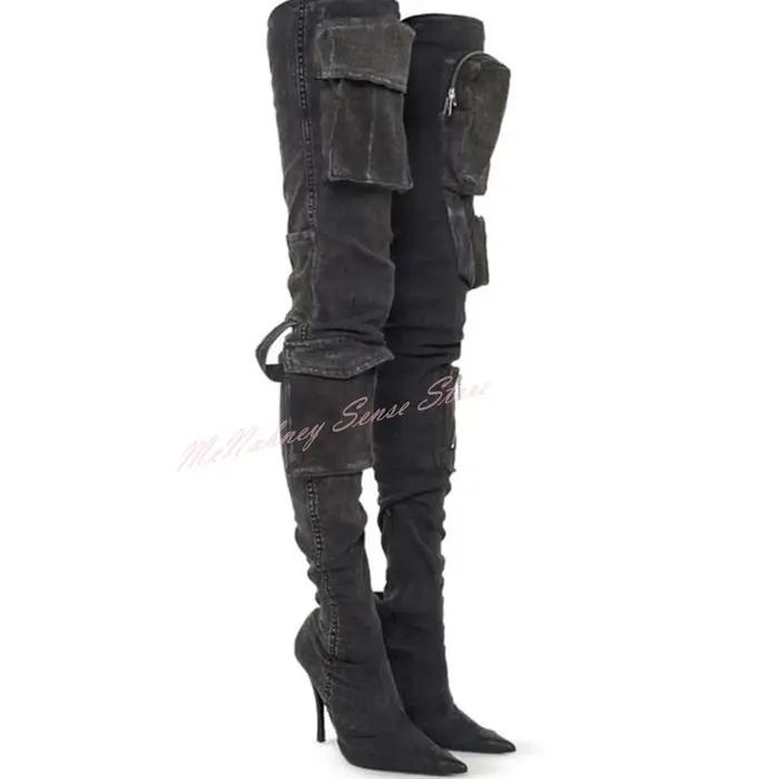 Bottes à lanières de poche en denim pour femmes, chaussures pointues Parker, talons aiguilles, cuiss