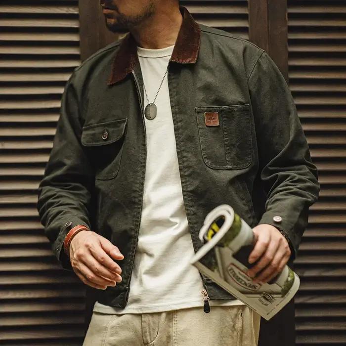 Maden-Veste en toile épaisse rétro pour homme, veste zippée courte avec poches, col en velours côtel