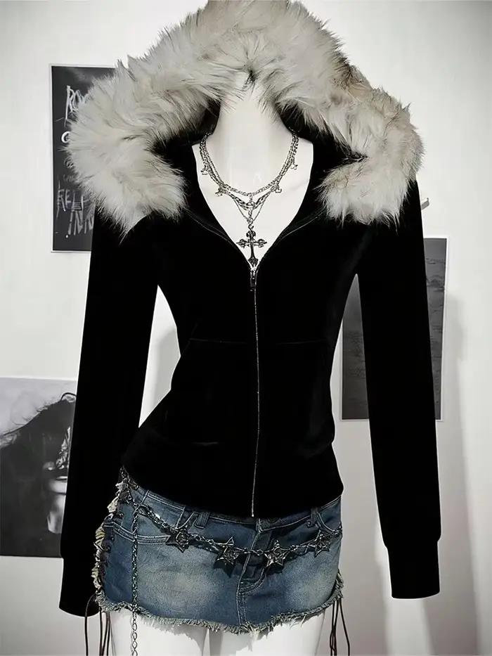Y2K – sweat à capuche gothique Harajuku pour femmes, Sexy, Slim, Chic, col en fourrure en daim, lett