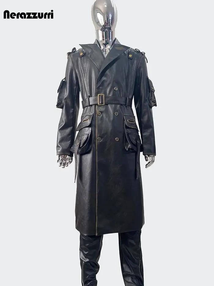 Nerazzurri printemps automne Cool Long imperméable en détresse noir Pu cuir Trench manteau hommes ce