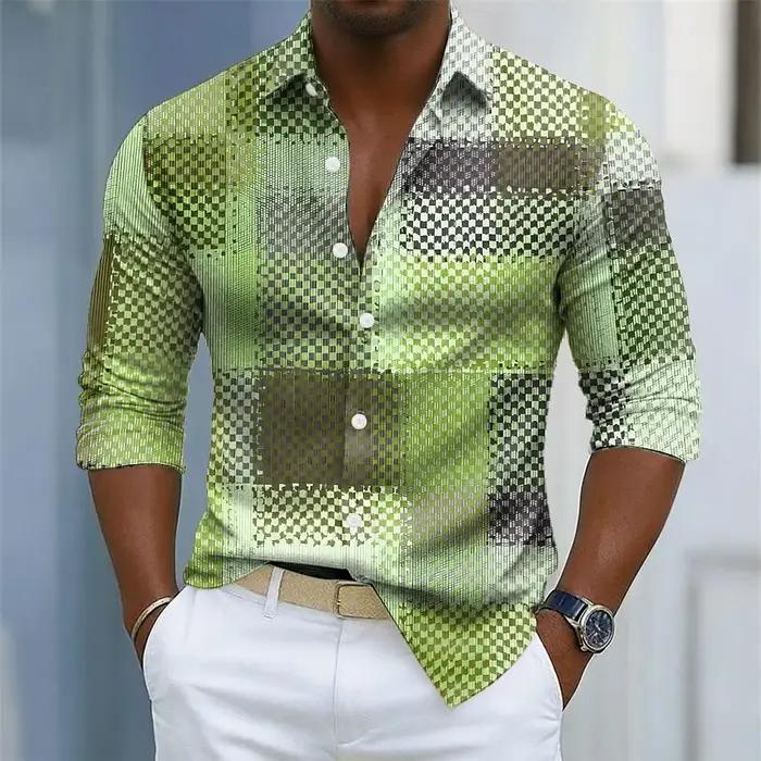 Chemise à carreaux pour hommes, bloc de couleur géométrique, motifs à carreaux, chemise boutonnée, m