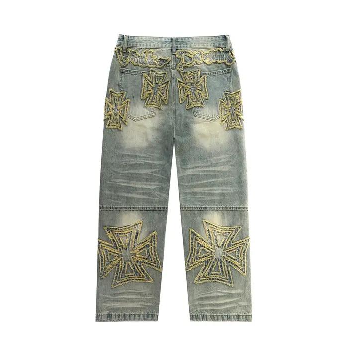 Jean baggy brodé délavé tendance 2026 pour homme – Pantalon cargo ample en denim de coton coupe droi