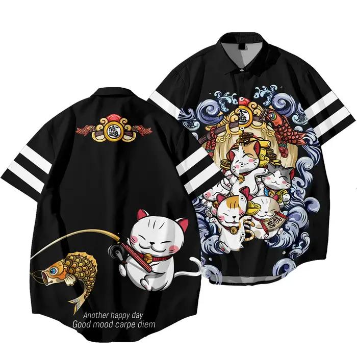  Chemise Harajuku Dragon Tiger pour hommes, imprimé ethnique noir, surdimensionné, manches courte