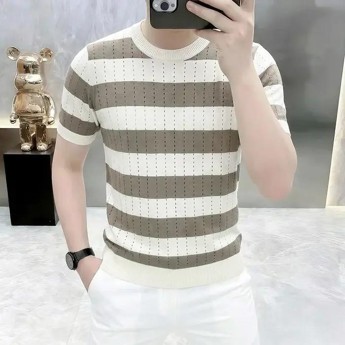 T-shirt en maille de soie glacée style britannique pour homme, rayé, à manches courtes, col rond, co