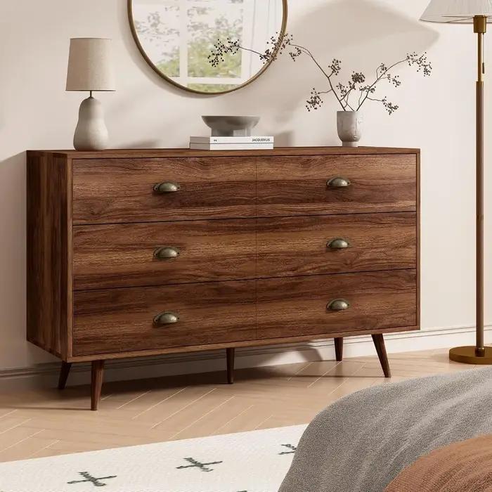 Commode en noyer brun pour chambre à coucher, commode à 6 tiroirs avec larges tiroirs et boutons en