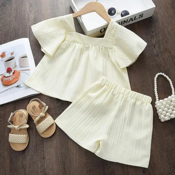 Costume pour enfants, Style vacances, couleur unie, broderie de fleurs, col carré, haut à manches co