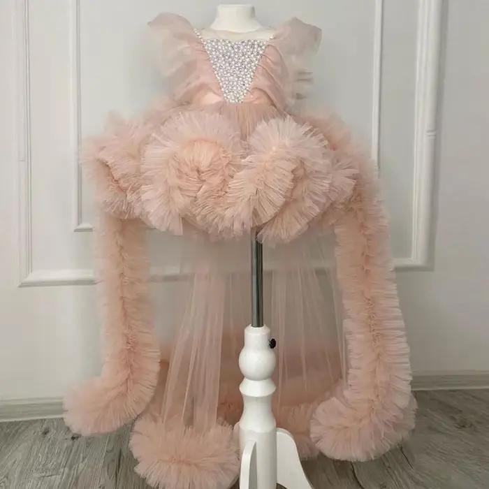 Robe Tutu Perlée pour Enfants avec Nœud et Longue Traîne, Robe de Cérémonie pour Filles, Tenue de Pr