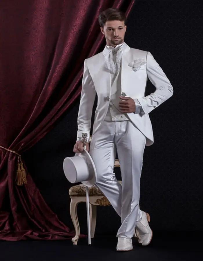 Costumes blancs vintage de style prince GroomTIME pour hommes, col montant, smokings de mariage pour