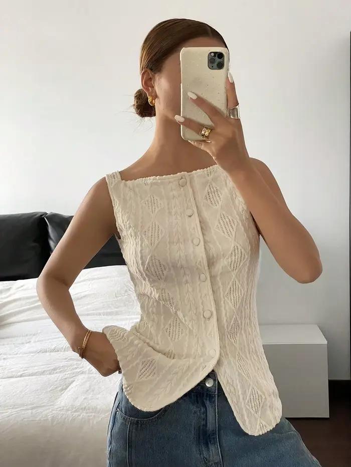 Chemise d'été décontractée sans manches pour femmes, texture géométrique, simple boutonnage
