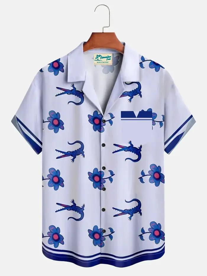 Chemise Crocodile florale pour hommes, chemise hawaïenne d'été à manches courtes, chemise à revers,