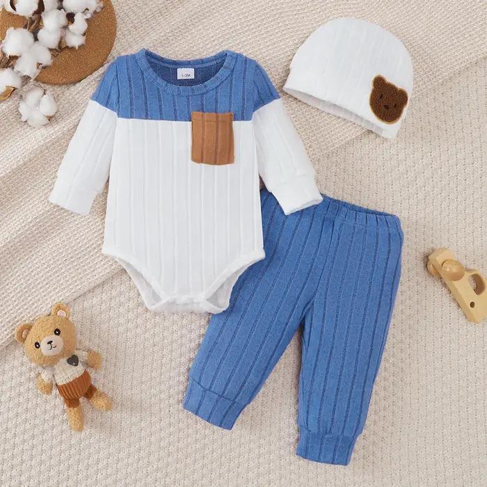 0-18 mois nouveau-né bébé garçon ensemble col rond couleur bloquée body + pantalon + chapeau confort