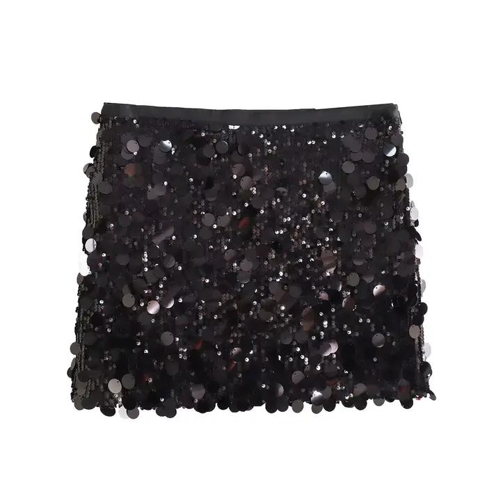 Femmes printemps automne Chic Mini jupes mode avec paillettes solide côté fermeture éclair jupe cour