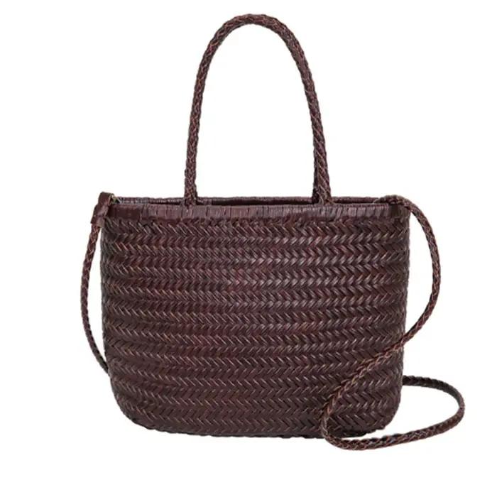 Sac à poignée supérieure tissé en cuir de vache pour femme, sacoche décontractée en tricot tressé, V