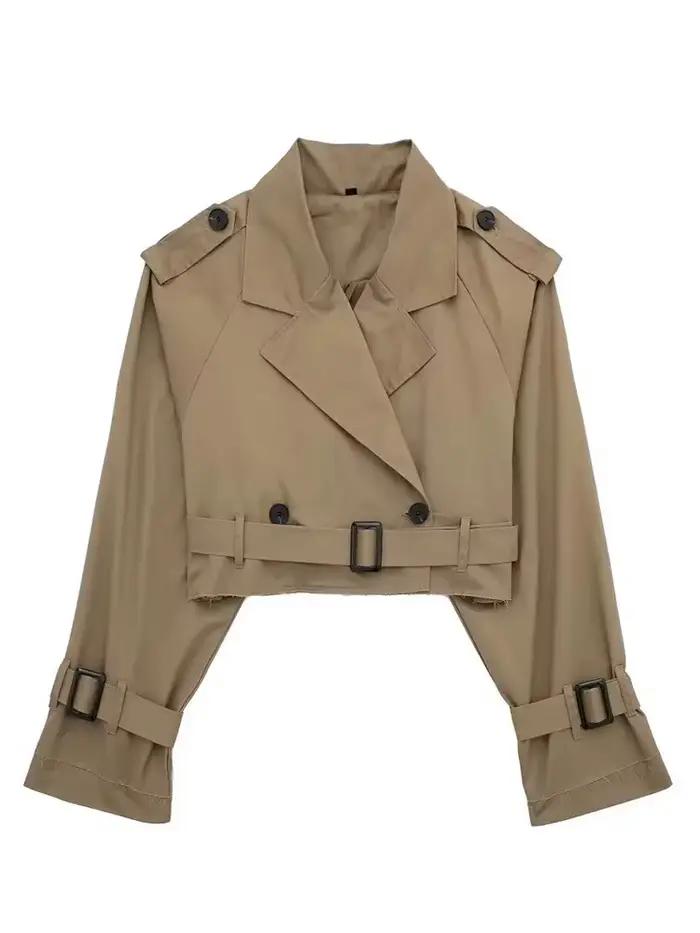 HH 2025 femmes ceinture recadrée Trench printemps veste Vintage Streetwear Double boutonnage à manch