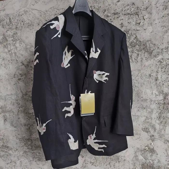 TOP-YAMAMOTO design original mélange de lin motif d'ange manteau à col ouest avec imprimé à manches
