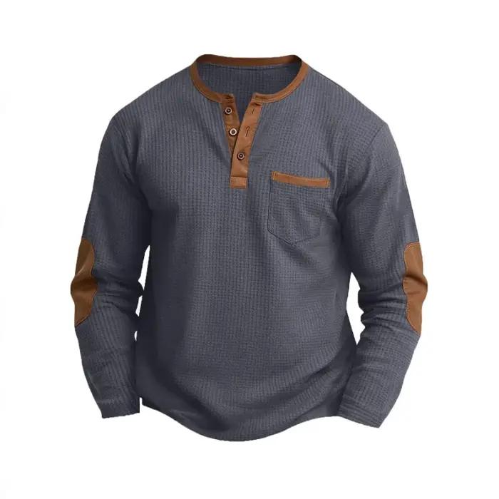T-shirt Homme Nouvelle Collection Printemps-Automne en Coton Gaufré à Manches Longues et Col Henley