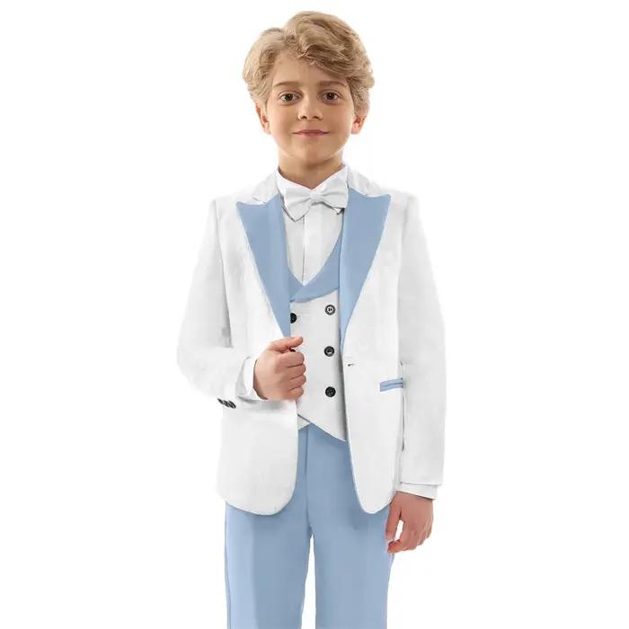 Costume formel classique 4 pièces pour garçons, blanc et bleu ciel contrasté, blazer, gilet et panta