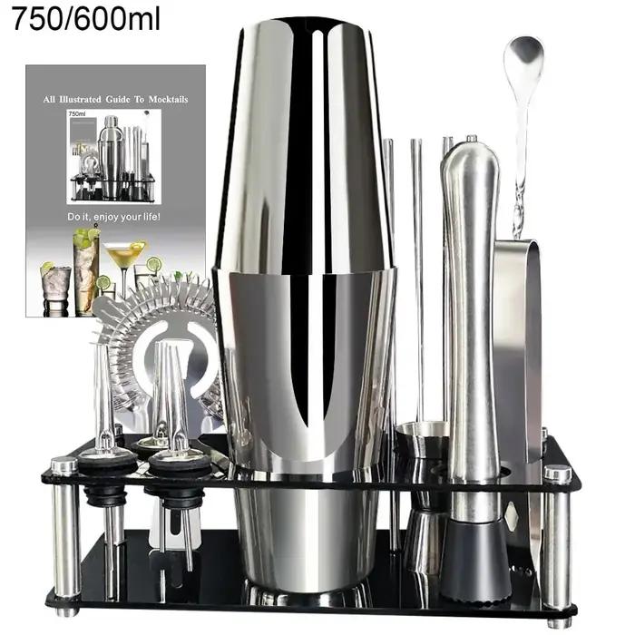 Ensemble de Shaker à Cocktail en Acier Inoxydable, Outils de Bar avec Support Noir, Shaker de 750ml,