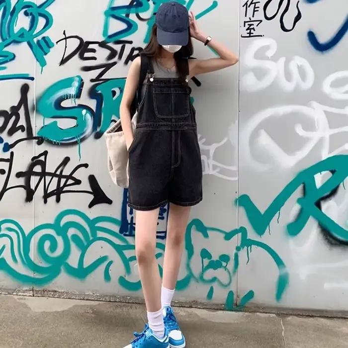 Denim Rompers Women Wide Leg Loose Korean Style Students Solid Summer Playsuits Leisure Trendy Pocke