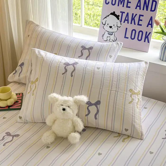 Ensembles de draps de lit à nœud rayé drap-housse antidérapant avec housse de matelas à bande élastique double incluant deux taies d'oreiller pour femmes occasions spéciales