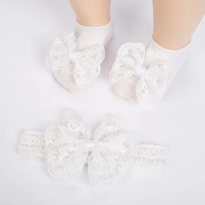 3 pièces/ensemble crème dentelle bébé bandeaux et chaussettes nouveau-né princesse filles large stra