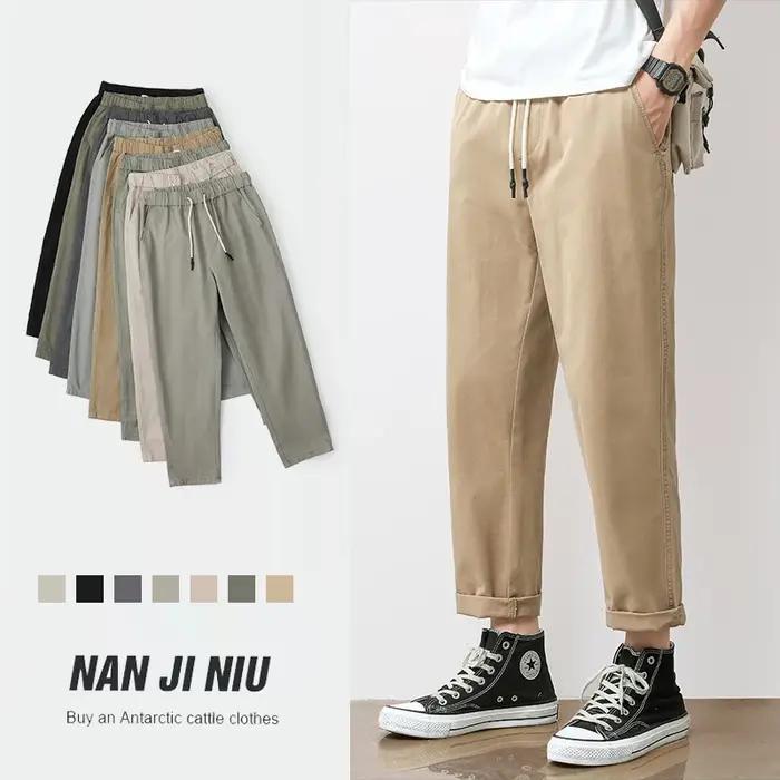 Pantalon décontracté pour homme en coton respirant, couleur unie gris kaki, idéal pour le printemps