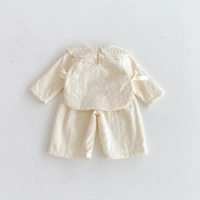 Haut à col en dentelle pour bébé fille, ensemble pantalon à jambes larges, haut à nœud pour fille d'