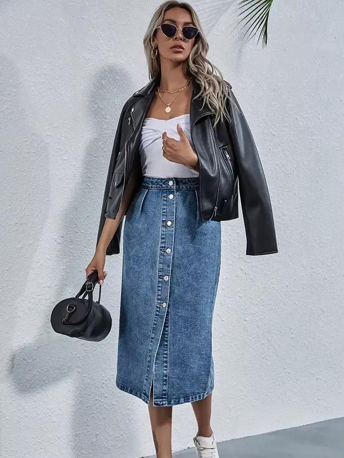 Benuynffy-Jupe en jean droite à boutonnage simple pour femme, longueur au genou, streetwear décontra