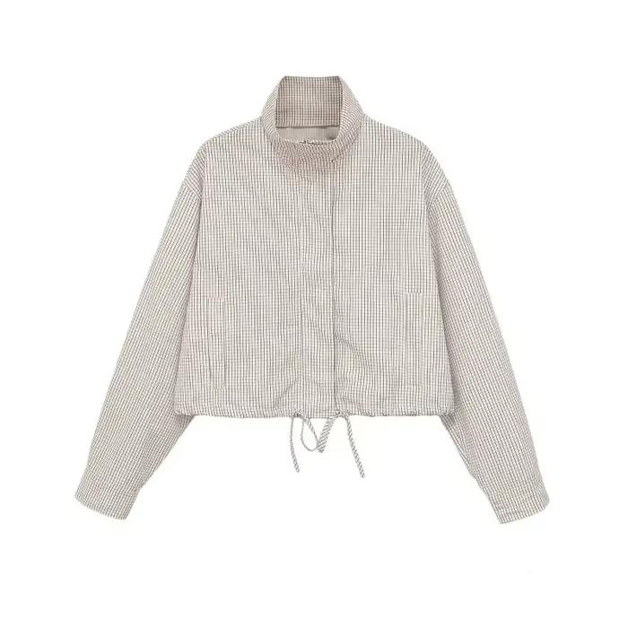Veste Courte à Carreaux pour Femme ETJ, Col Montant, Manches Bouffantes, Coupe Oversize avec Ourlet