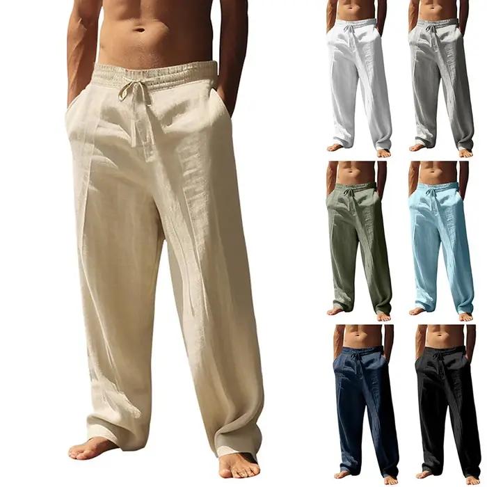 Pantalons de sport et de yoga pour hommes, printemps-automne, en tissu mélangé coton et lin, coupe a