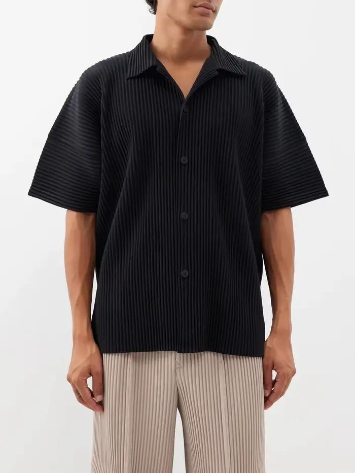 Miyake chemise à revers plissée à manches courtes t-shirt pour hommes chemise unie chemise boutonnée