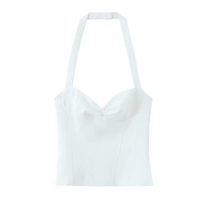Haut pour femme, nouveau style été 2026, couleur unie, décor à pois, col halter, haut sexy, style va