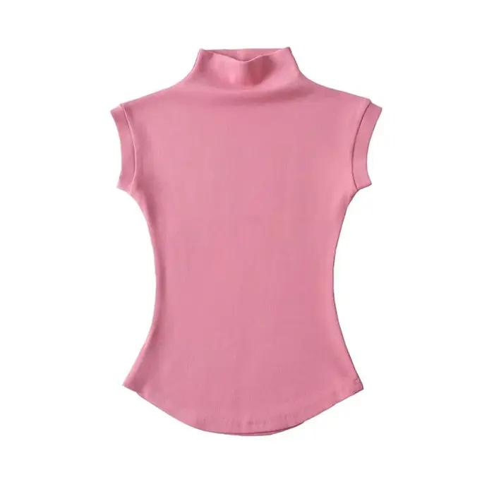 Femmes été Sexy col roulé sans manches T-Shirts hauts solide coupe ajustée pulls t-shirts décontract