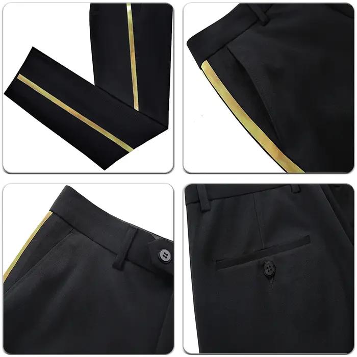 Pantalon de costume noir pour hommes, garniture en cuir doré, décontracté, formel, pour le bureau, é
