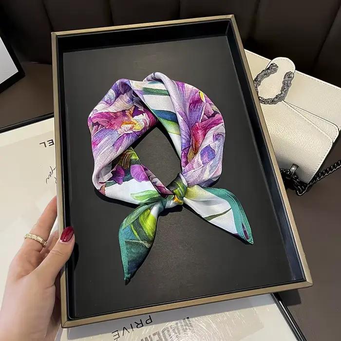 Foulard carré en soie véritable pour femmes, imprimé Floral, châle de luxe, Hijab, bandeau Bandana,