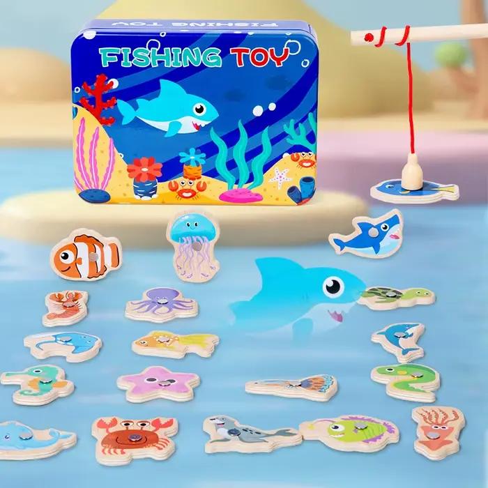 Jouets de pêche magnétiques en bois pour enfants, jeux de poissons cognitifs de la vie Marine, jouet