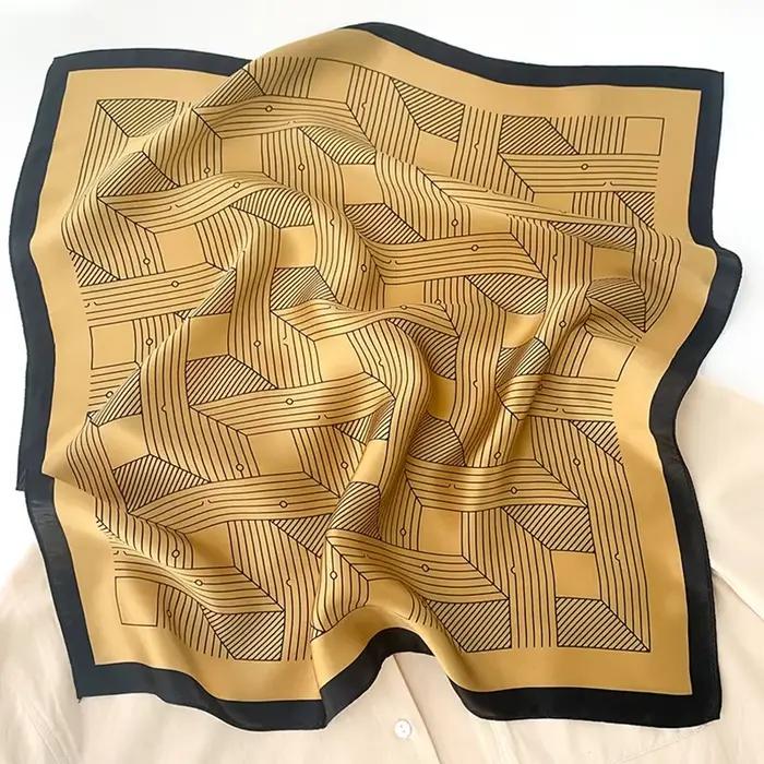 Écharpe en soie à motif géométrique rayé de 68cm pour femmes, Imitation soie, couvre-chef frais et p
