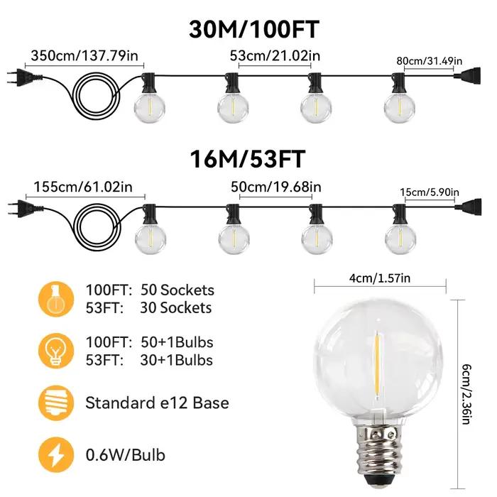 Guirlande lumineuse LED de 30M, guirlande lumineuse pour fête, guirlande lumineuse G40, blanc chaud,