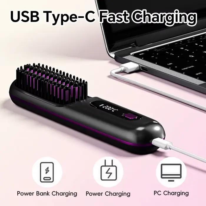 Brosse lissante sans fil rechargeable, peigne lissant à ions négatifs avec 3 réglages de température