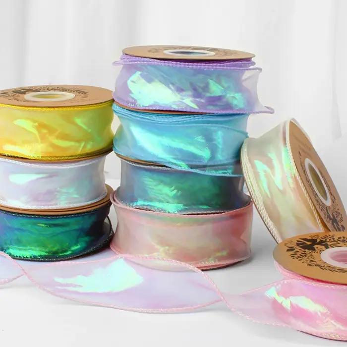 Ruban Organza queue de poisson réfléchissant, 40mm, 10Yards, bord ondulé irisé, pour emballage cadea