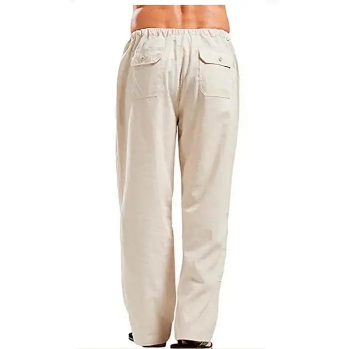 Pantalon d'été en coton et lin pour homme, tissu solide, respirant, décontracté, taille élastique, f