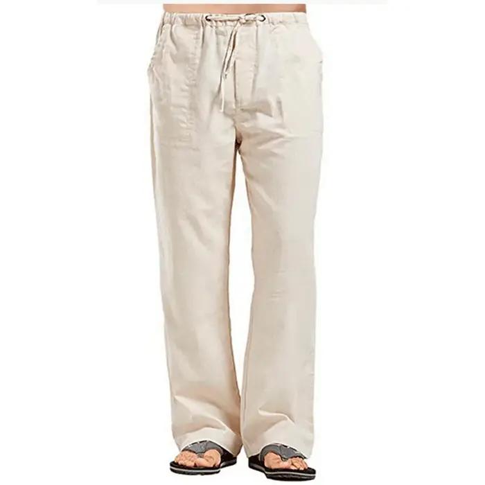 Pantalon d'été en coton et lin pour hommes, couleur unie, respirant, décontracté, taille élastique,