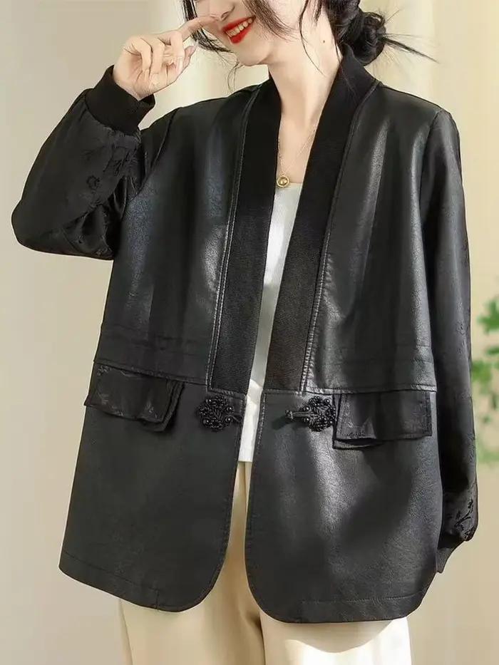 Amax LuluE chinois 2025 automne dames mode Patchwork Faux cuir vestes femmes ample col en V PU mante