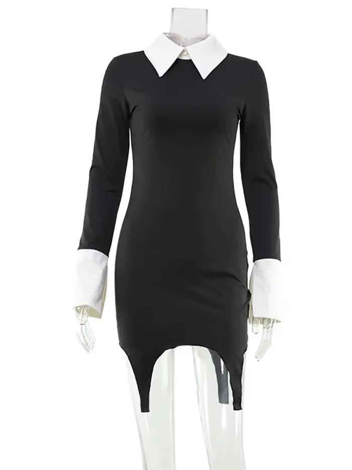 CNYISHE col rabattu solide Patchwork à manches longues femmes robes hanche Wrap mode gaine tenues fe